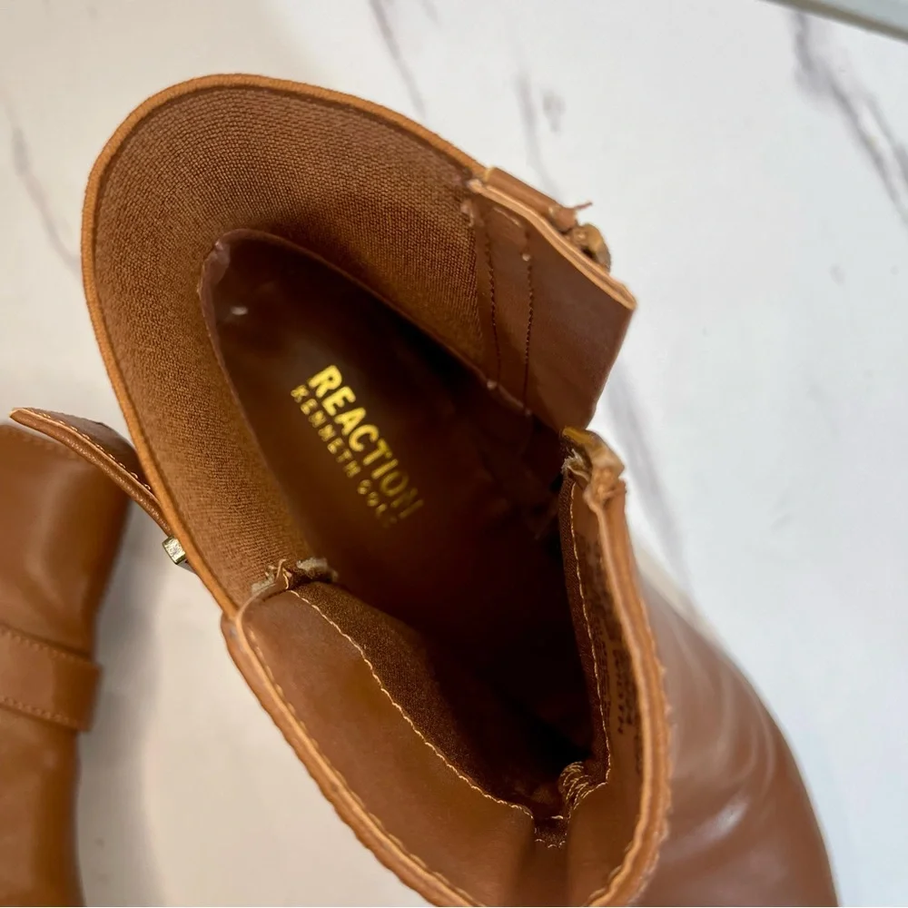 Kenneth Cole Reaction Brown Leather Ankle Wedge Dressy Booties buckle detail 7.5